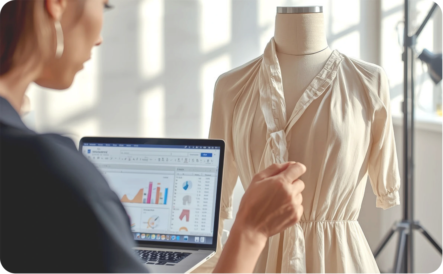 A food brand founder looking at a live ERP dashboard on a laptop, showing key F&B metrics like shelf life, cold chain status, and inventory levels.