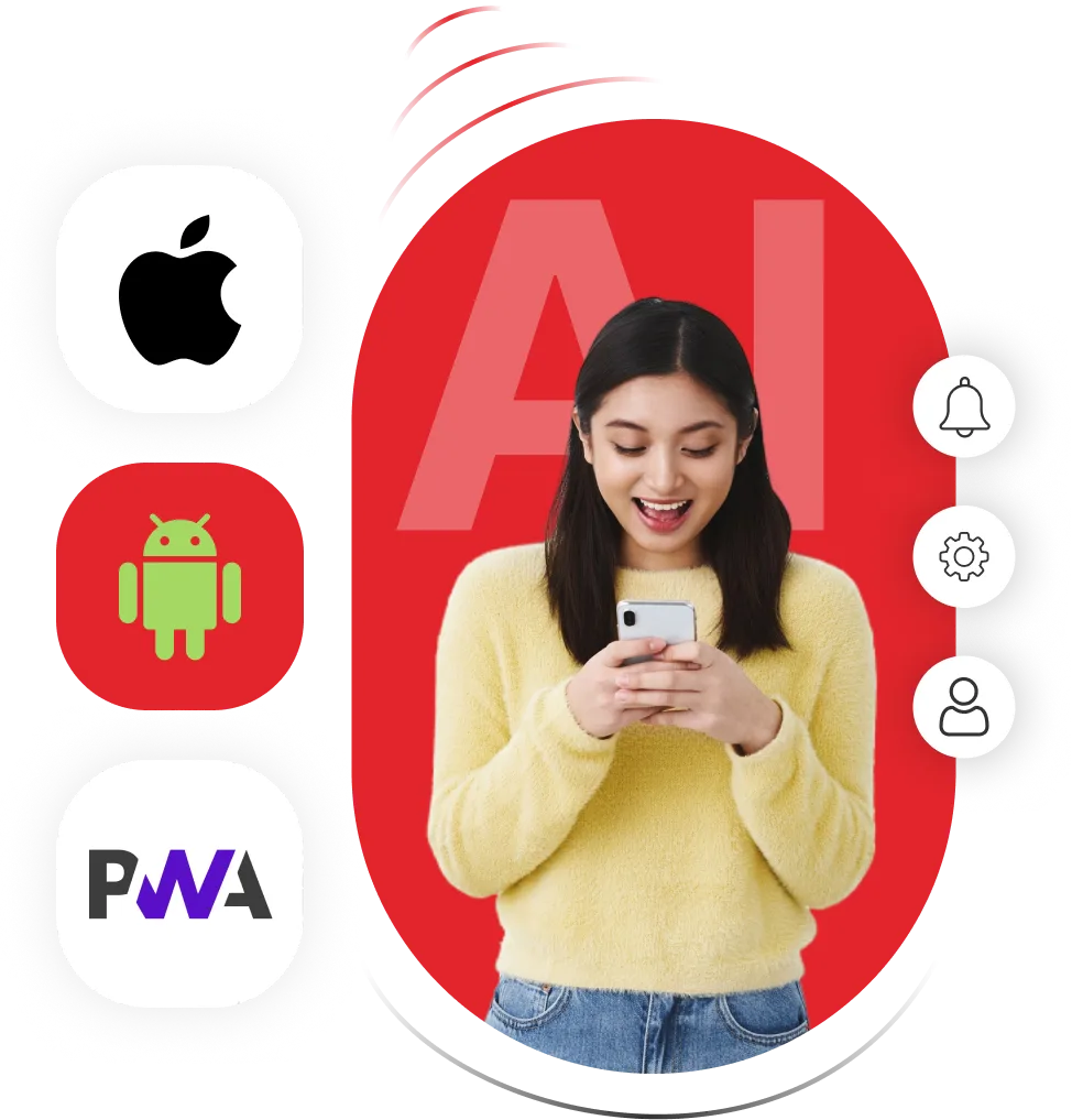 AI robot inside a smartphone with technology icons floating around