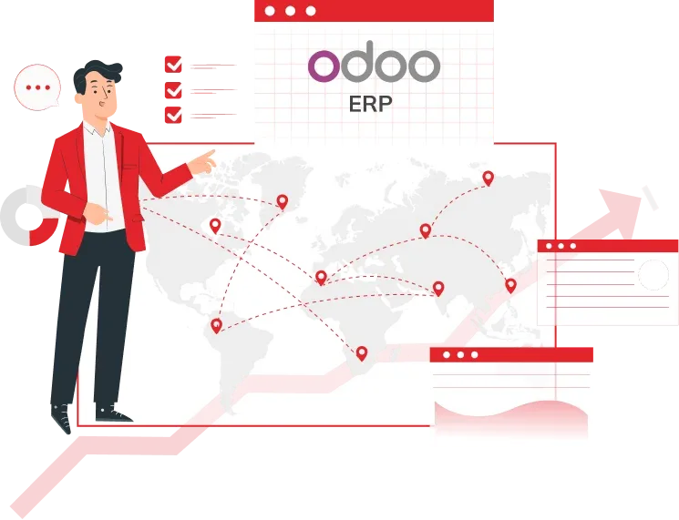 Illustration of Odoo ERP system with a person pointing at a world map with data points
