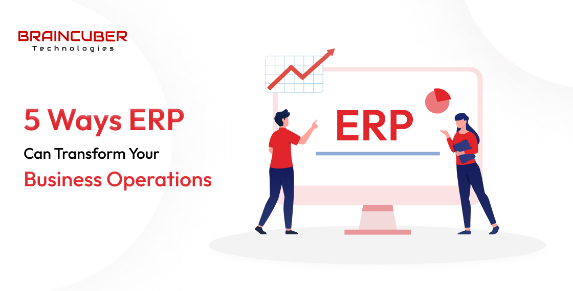 Illustration of two people near a large screen displaying "ERP" and charts, with the text "5 Ways ERP Can Transform Your Business Operations" and the logo "Braincuber Technologies.