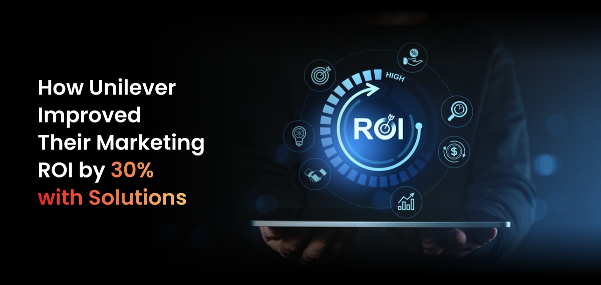 A formal, dark-toned photographic image shows a person holding a tablet. A glowing, circular, holographic digital interface with the letters "ROI" in the center hovers above the tablet. The interface is surrounded by a circular arrow and various interconnected icons representing a target, an upward-pointing graph, a handshake, a lightbulb, and a magnifying glass. The title "How Unilever Improved Their Marketing ROI by 30% with Solutions" is superimposed in bold white text on the left, with the words "ROI," "30%," and "Solutions" highlighted in a red-to-orange gradient. The image visually represents the use of technology to achieve significant business results.