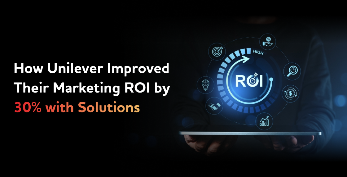 A formal, dark-toned photographic image shows a person holding a tablet. A glowing, circular, holographic digital interface with the letters "ROI" in the center hovers above the tablet. The interface is surrounded by a circular arrow and various interconnected icons representing a target, an upward-pointing graph, a handshake, a lightbulb, and a magnifying glass. The title "How Unilever Improved Their Marketing ROI by 30% with Solutions" is superimposed in bold white text on the left, with the words "ROI," "30%," and "Solutions" highlighted in a red-to-orange gradient. The image visually represents the use of technology to achieve significant business results.