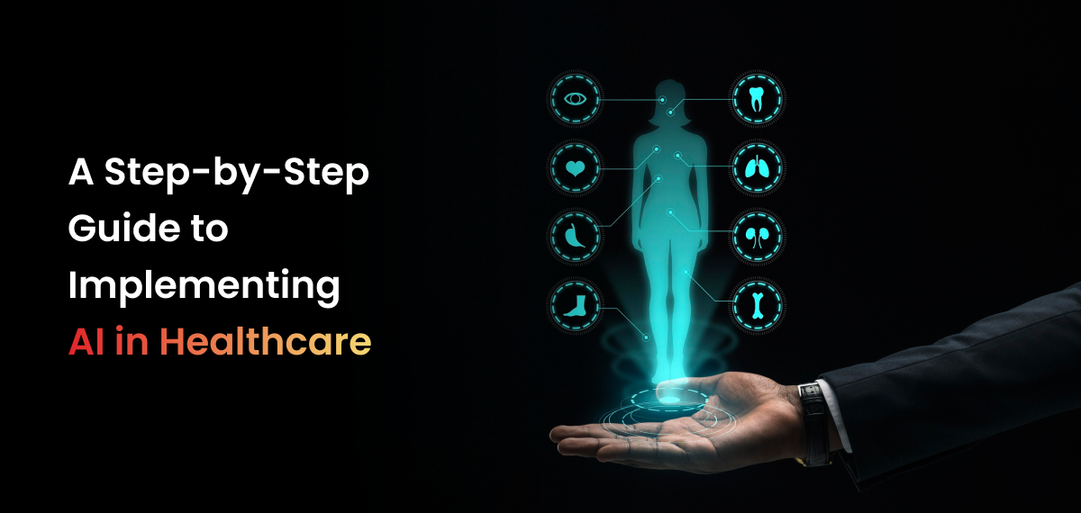A formal, dark-toned photographic image. A person's hand, partially visible and in a business suit, is holding up a glowing, holographic projection of a human silhouette. The silhouette is surrounded by smaller, glowing icons of various human organs and body parts, including a brain, eyes, heart, lungs, and bones. The title "A Step-by-Step Guide to Implementing AI in Healthcare" is superimposed in bold white text on the left, with "AI in Healthcare" highlighted in a red-to-orange gradient. The image conveys a futuristic and professional theme about the integration of artificial intelligence in medicine.