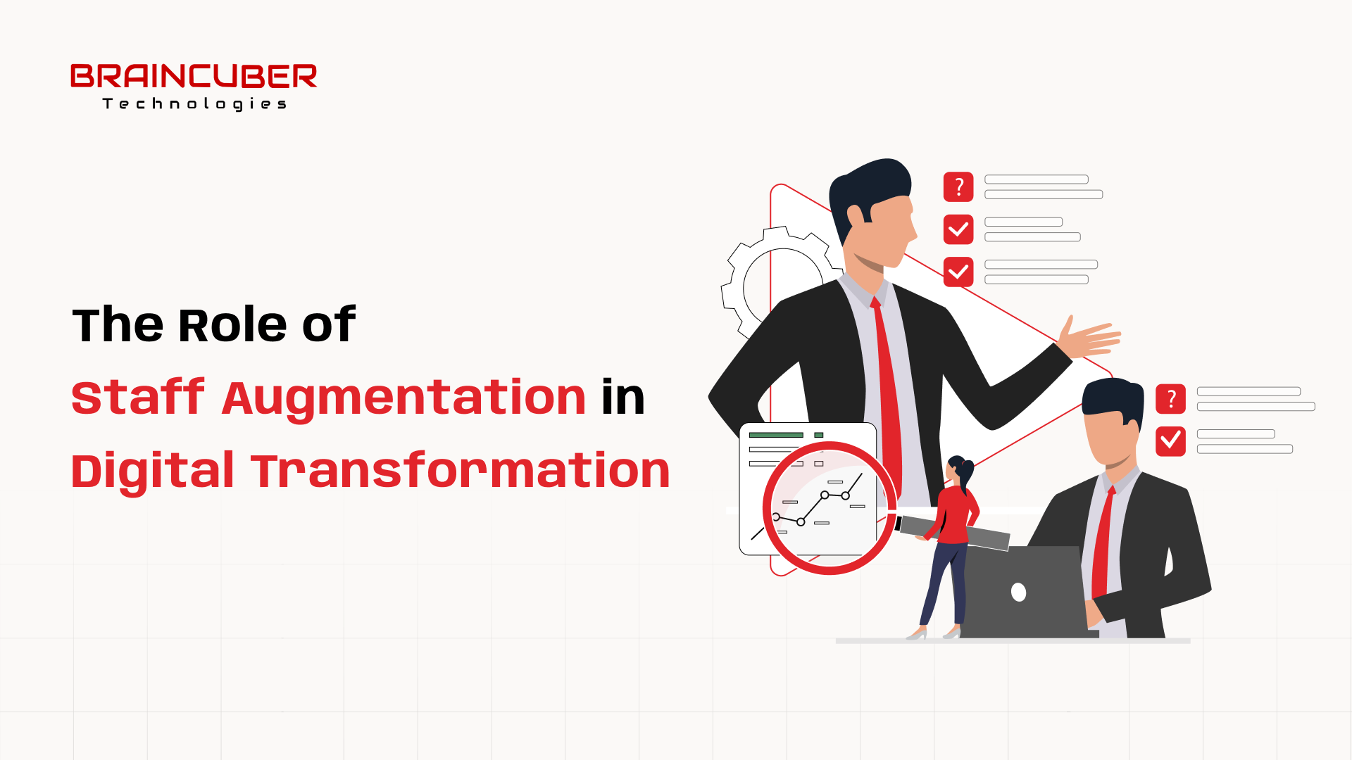 Illustration of professionals discussing digital transformation with graphs and text: "The Role of Staff Augmentation in Digital Transformation.