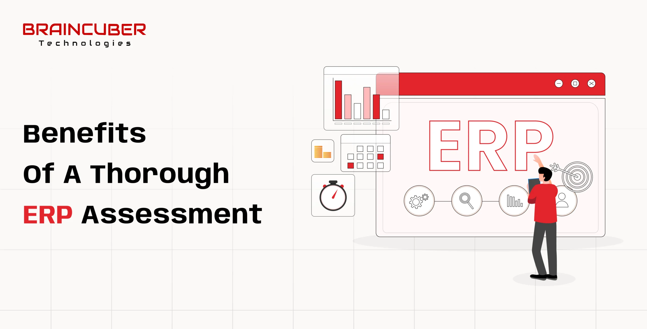 Illustration of a person analyzing ERP data on a large screen, surrounded by icons of charts, a calculator, a stopwatch, and magnifying glasses. "Benefits of a Thorough ERP Assessment" text visible.