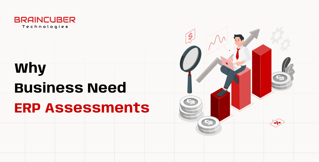 Illustration of a person sitting on a bar graph, working on a laptop, with stacked coins, a magnifying glass, and gears. Text reads "Why Business Need ERP Assessments.