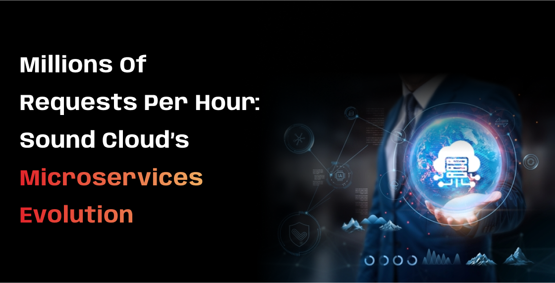 A formal, low-key photographic image with a dark background. The scene features a person in a suit, their hands cupped to hold a glowing, holographic globe. The globe has a server rack icon at its center, with a stylized cloud icon floating above it, representing cloud-based technology. Surrounding the globe are various glowing, holographic icons, including a data chart, a handshake, and a network symbol. The title "Millions of Requests Per Hour: Sound Cloud’s Microservices Evolution" is superimposed in bold white text on the left, with the words "Microservices" and "Evolution" highlighted in a red-to-orange gradient. The image visually represents the concept of microservices and the evolution of a platform to handle massive scale.