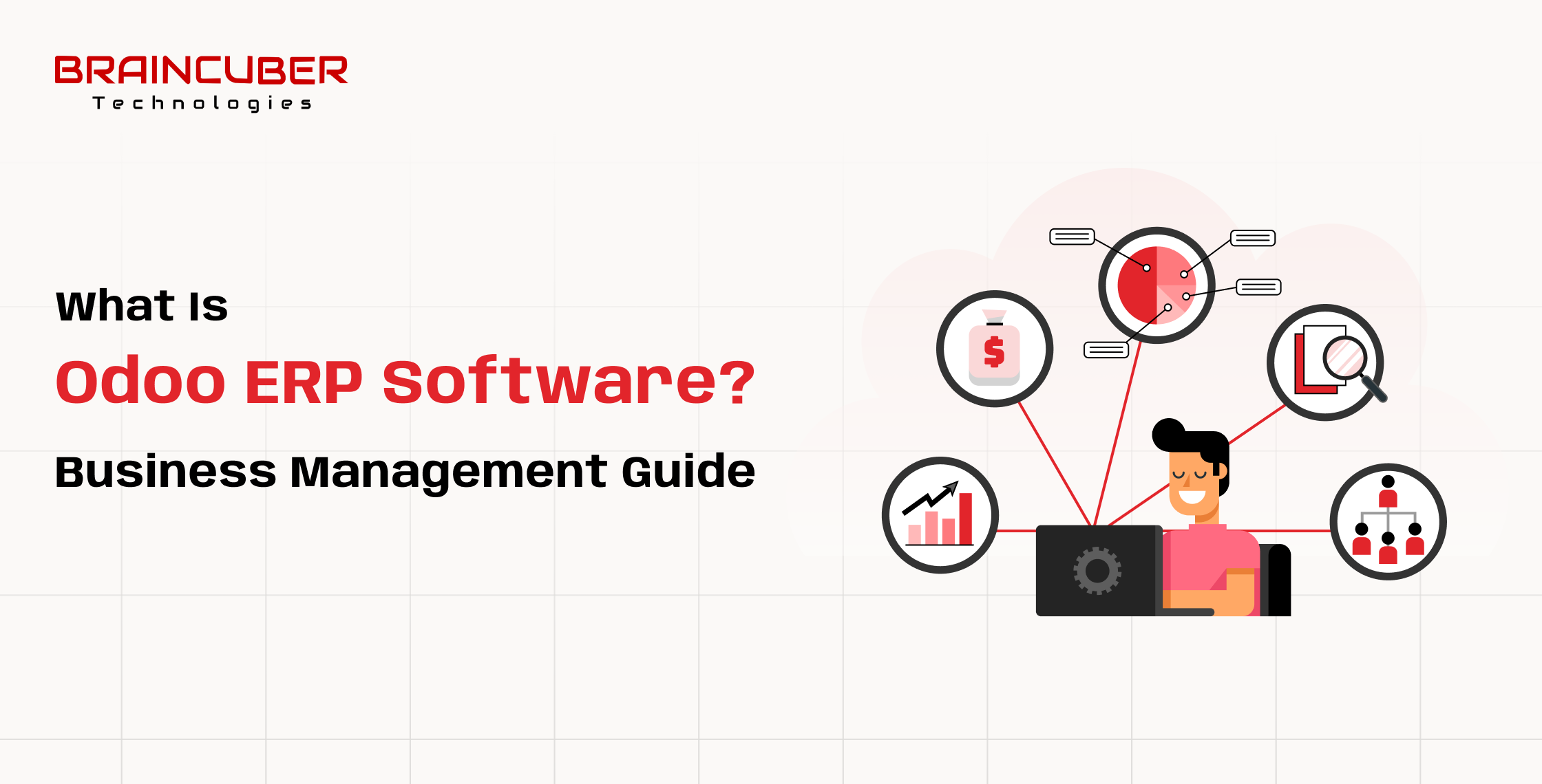 A graphic titled "What Is Odoo ERP Software? Business Management Guide" by Braincuber Technologies. It features a man working on a laptop, surrounded by icons representing finance, analytics, and management. The image conveys a professional yet approachable vibe, ideal for business insights.