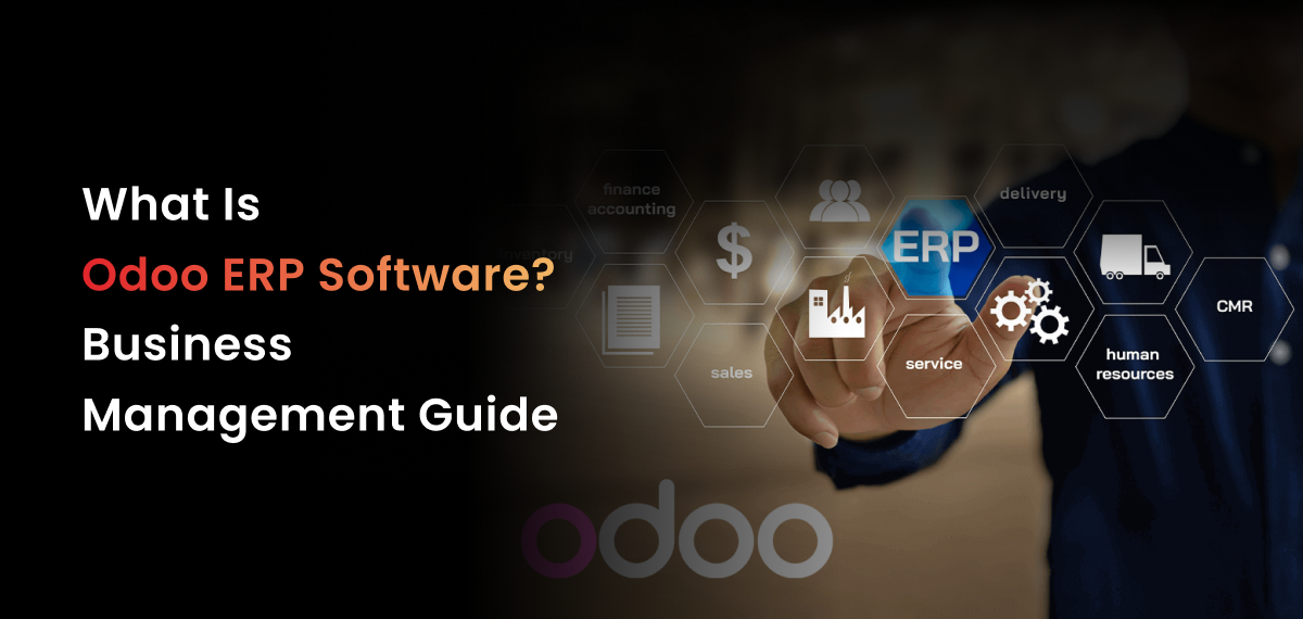 A formal, digital slide titled "Odoo vs SAP" on a clean, black-and-white background with a subtle blue gradient on the right. On the left, a person is interacting with two laptops, one displaying a grid of Odoo icons and the other showing a data spreadsheet. On the right, the Odoo and SAP logos are positioned opposite each other, separated by a red diagonal line. The image visually represents a professional comparison between the two enterprise resource planning systems.