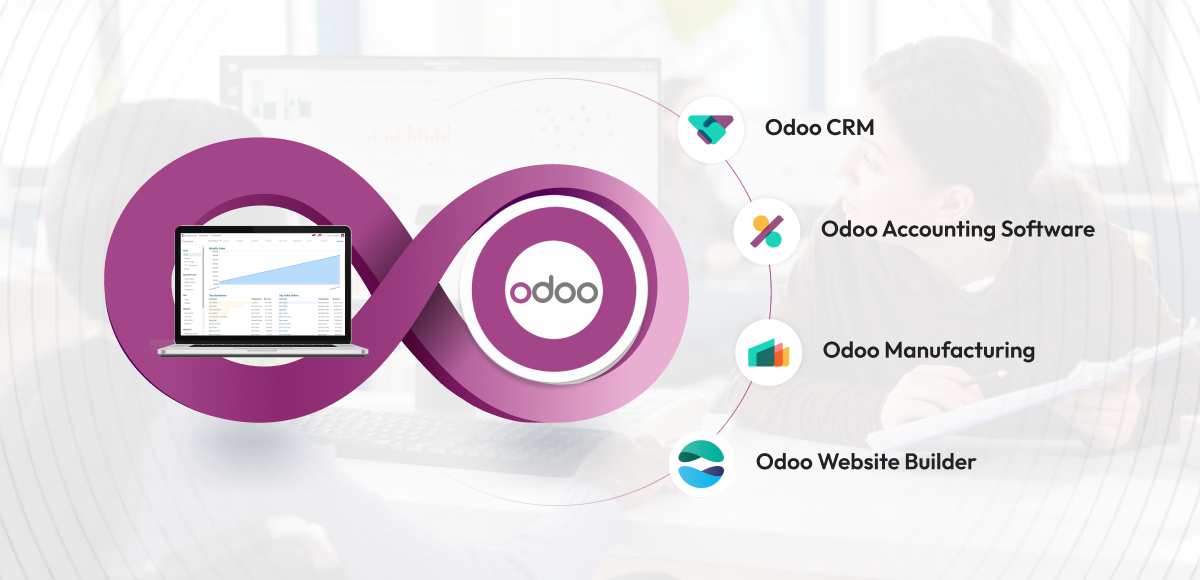 Purple infinity symbol with "odoo" text, featuring a laptop displaying a software interface from an Odoo development company and various app icons around it.