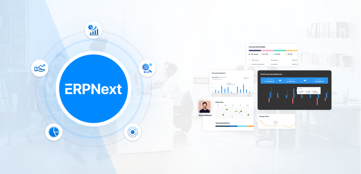 ERPNext logo with icons of statistics, graphs, and communication encircling it highlights its simplicity and affordability. A blurred office backdrop features charts and a profile picture on the right, symbolizing streamlined operations.