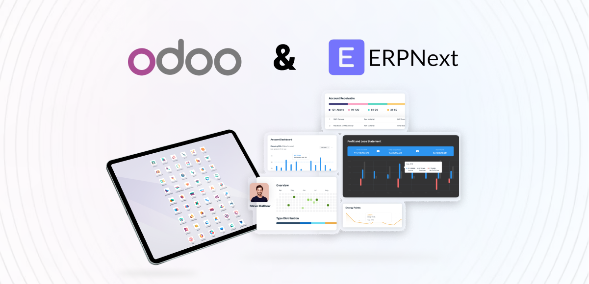 Logos of Odoo and ERPNext alongside digital dashboards highlight key differences, while a tablet showcases app icons.