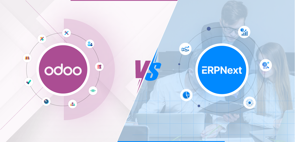 Comparison image featuring Odoo and ERPNext logos with a "VS" between them, suggesting a comparison between the two software platforms.