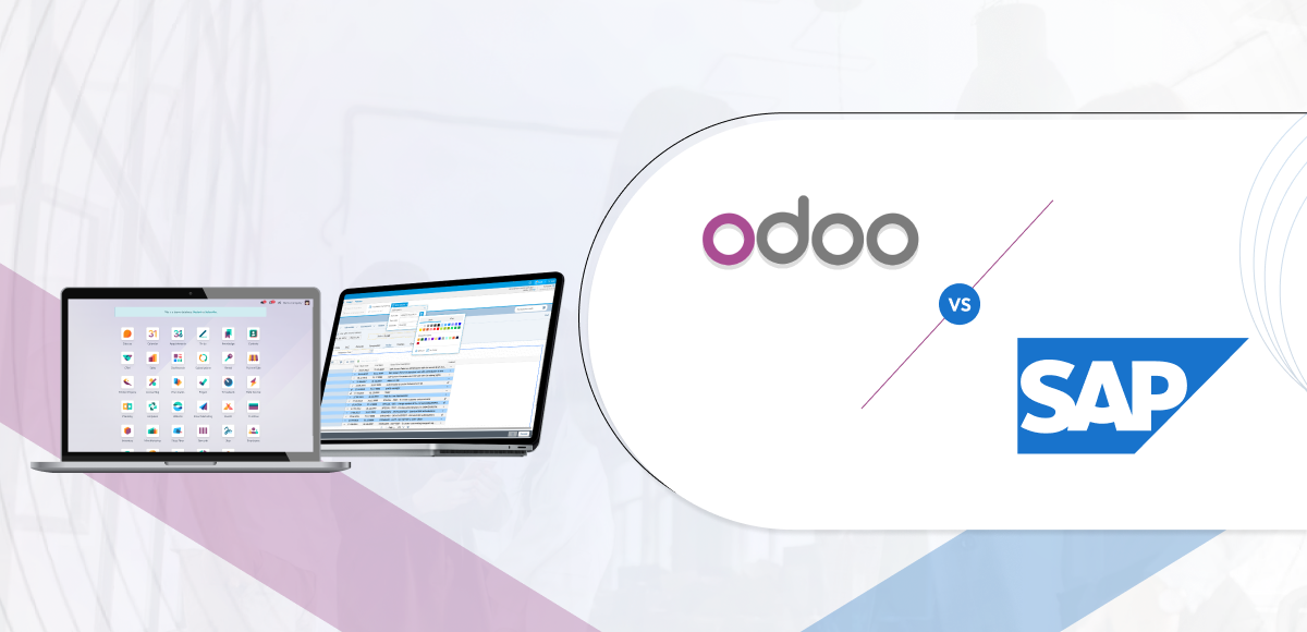 A comparison image showcases laptops featuring the Odoo and SAP interfaces, with a bold "Odoo vs SAP" prominently displayed at the center.