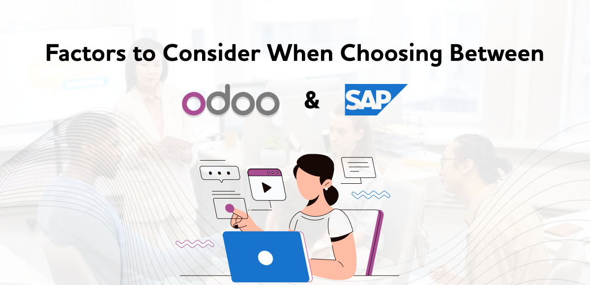 Illustration of a person with a laptop, contemplating the choice between Odoo and SAP, while "Factors to Consider When Choosing Between Odoo & SAP" is subtly displayed in the background.