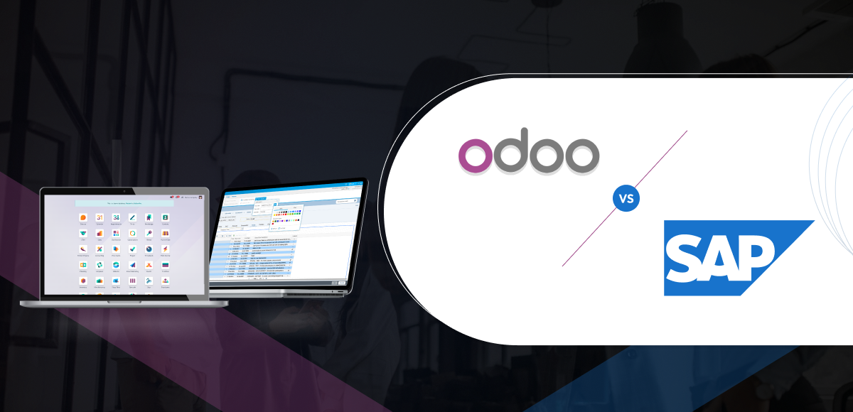 A formal, low-key photographic image with a dark background. The scene features two business professionals, a woman and an older man with a beard and glasses, looking at a laptop. The woman is pointing toward the screen, which is not visible. A white line graph with an upward trend and a percentage symbol is in the top right corner. The title "Why Odoo Is The Best Choice For Your Business" is superimposed in bold white text on the left, with the word "Odoo" in a light purple color and "Your Business" highlighted in a red-to-orange gradient. The image conveys a professional, collaborative theme focused on business solutions.