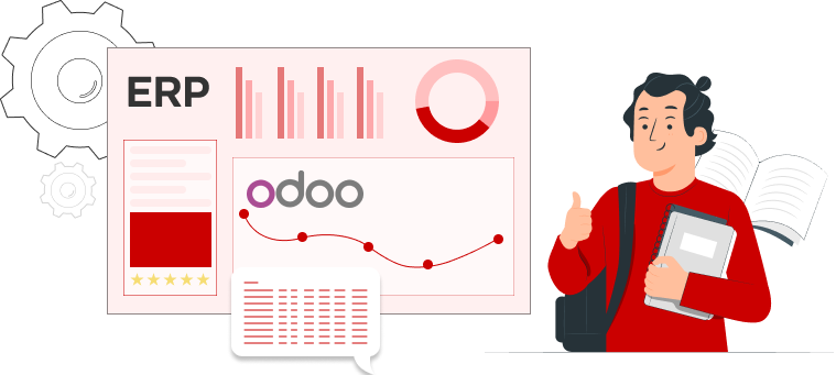 ERP dashboard, Odoo logo, analytics charts, gear icon, cartoon character, young man in red sweater, thumbs up gesture, backpack, notebook, white background, flat design illustration, business software concept, data visualization, cheerful expression, professional attire, modern office technology