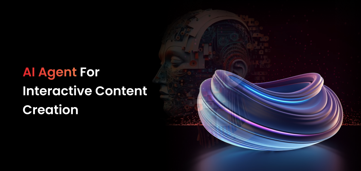 A swirling, abstract geometric shape showcases a gradient of blues and purples, emanating a soft glow against a dark background. To the right, a stylized representation of a human head with an intricate circuit board design symbolizes the integration of artificial intelligence in creative processes. The text "AI Agent For Interactive Content Creation" is prominently displayed in white font, reinforcing the theme of technological innovation in content development. The composition suggests a futuristic and synergistic relationship between AI and creative expression.