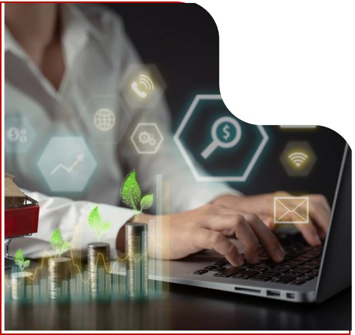 Image with visual elements representing benefits of cosmetic ERP software. The image features a person's hands typing on a laptop with superimposed graphics including stacks of coins with plant sprouts, a shopping cart, and networked icons indicating key business operations like finance, communication, manufacturing, and analysis.