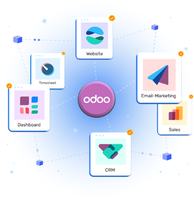 Graphical representation of the Odoo platform. The Odoo logo is centrally placed with connections to modules such as Dashboard, Timesheet, Website, Email-Marketing, Sales, and CRM. Each module's function is symbolically represented within distinct, check-marked icons indicating successful configuration. The overall design includes interconnected lines and a starry background, conveying a connected and integrated system.