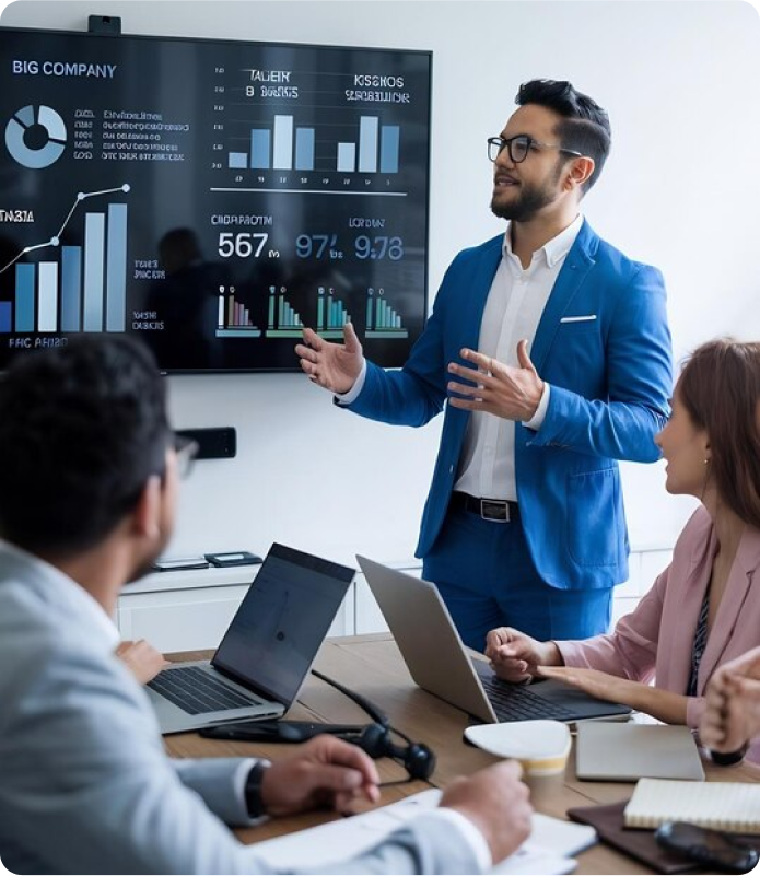 A suited man delivers an Odoo ERP presentation to an engaged audience of team members.