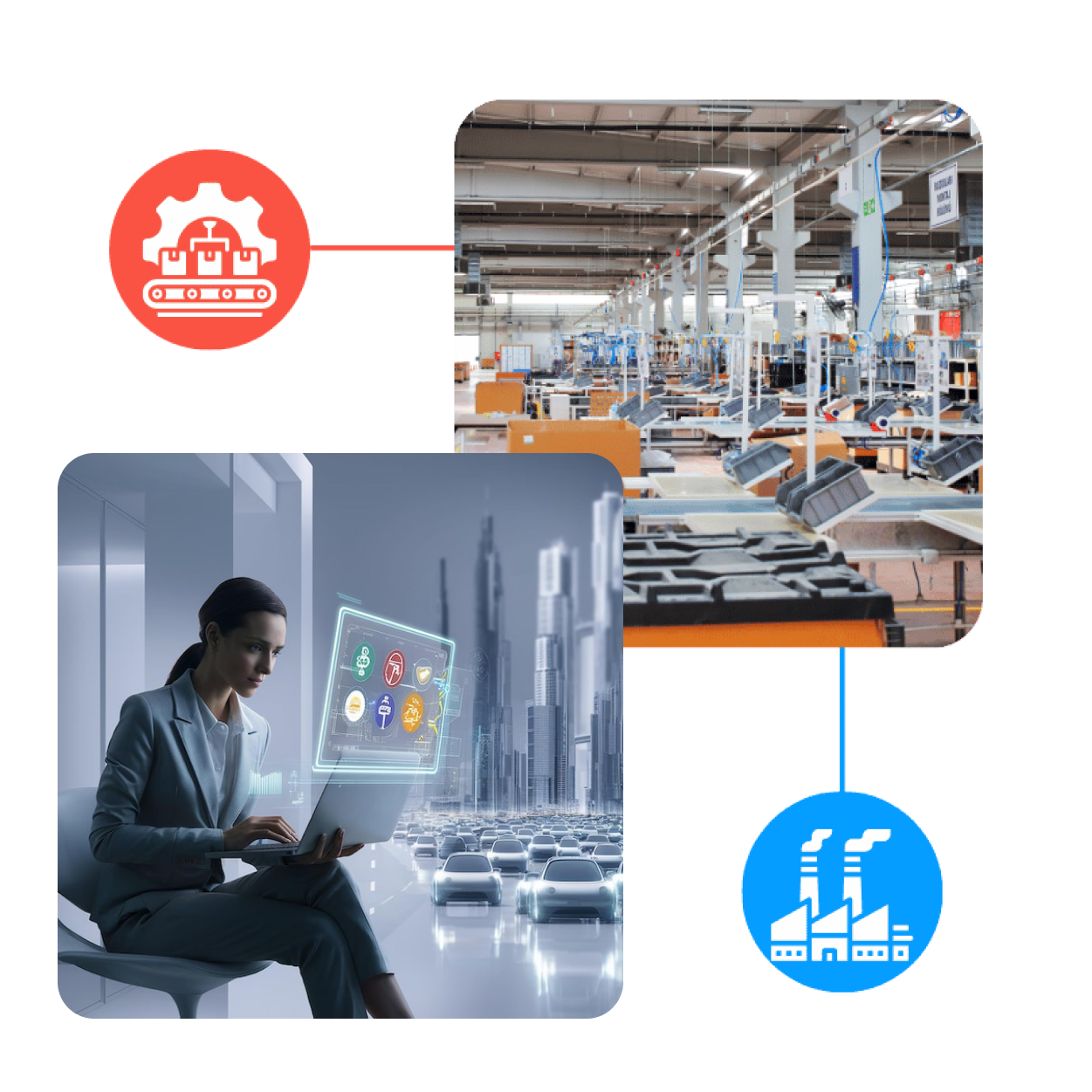 Conceptual representation of future automotive manufacturing, showing digital integration. A woman in business attire sits in a modern setting, operating a laptop displaying holographic interface elements above an image of self-driving cars. Above her, an image of a manufacturing plant assembly line connects to a white-on-red cogwheel icon depicting industrial automation. A second connection extends from the same factory line to a blue icon symbolizing industrial infrastructure. The woman's expression indicates focus and engagement with the data shown.