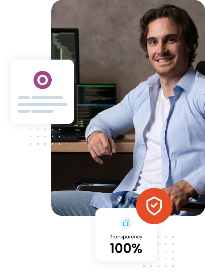 A web developer, seated in front of two computer monitors displaying code, leans toward the viewer with a cheerful expression; in the foreground overlays feature a stylized logo indicating data handling and a symbol indicating data protection, referencing transparency in their Odoo Development work.