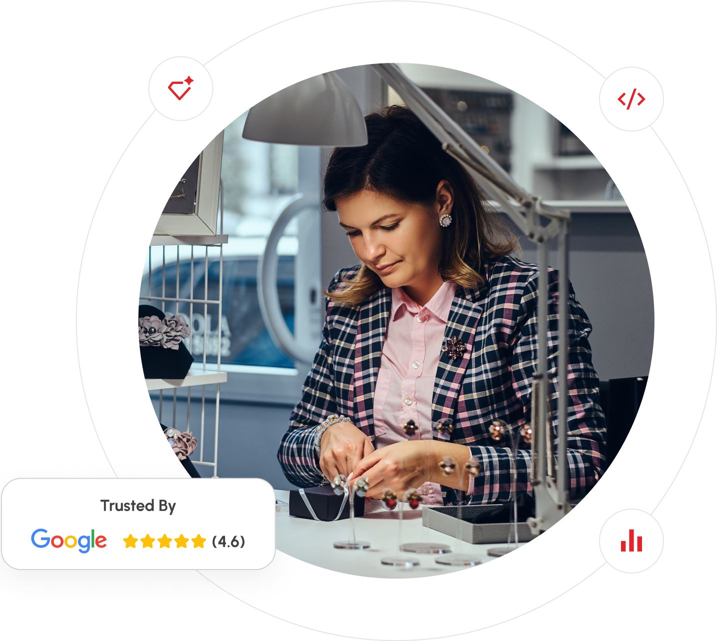 A woman crafting jewelry in a shop, with a Google search button visible on her workspace.