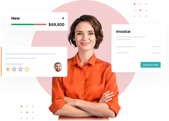 Woman in an orange shirt surrounded by Odoo ERP interface elements, including invoice and financial dashboard examples, against a red, circular backdrop. The woman is smiling.