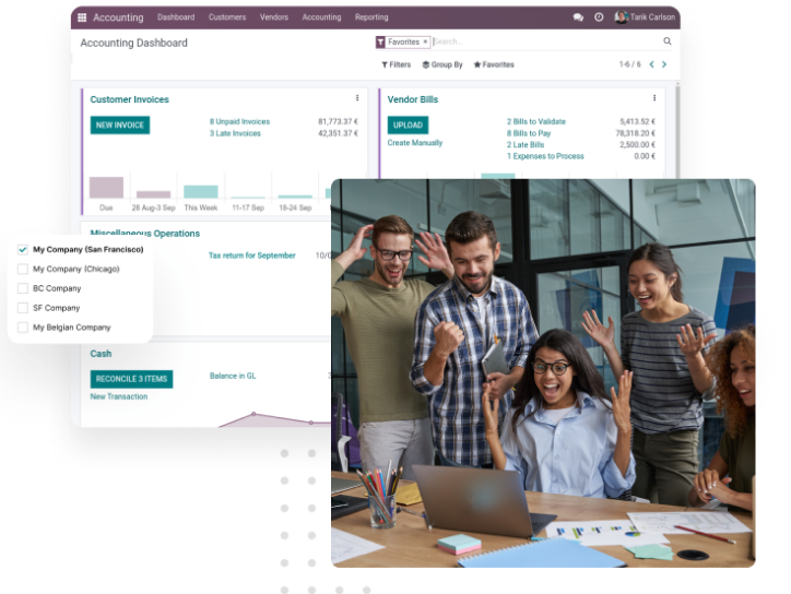 A composite illustrating Odoo ERP integration services. In the background, the Odoo accounting dashboard is displayed with options for customer invoices and vendor bills. In the foreground, a diverse team of five professionals are gathered around a laptop, celebrating with ecstatic expressions. A woman in the center, wearing glasses and a light blue shirt, is particularly animated with her arms raised. Other members of the team are smiling and cheering with their hands up in the air. The laptop screen shows graphs and charts indicating positive business outcomes.