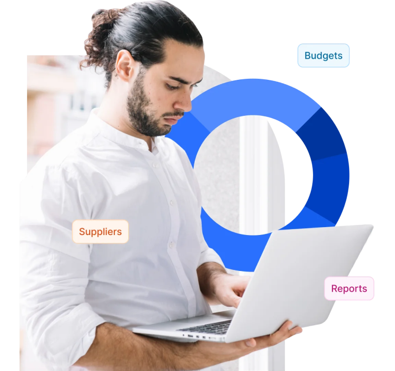 A fair-skinned man wearing a collared white shirt uses a laptop. A blue donut chart with labels "Budgets," "Suppliers," and "Reports" floats behind him. The man is focused on his computer.