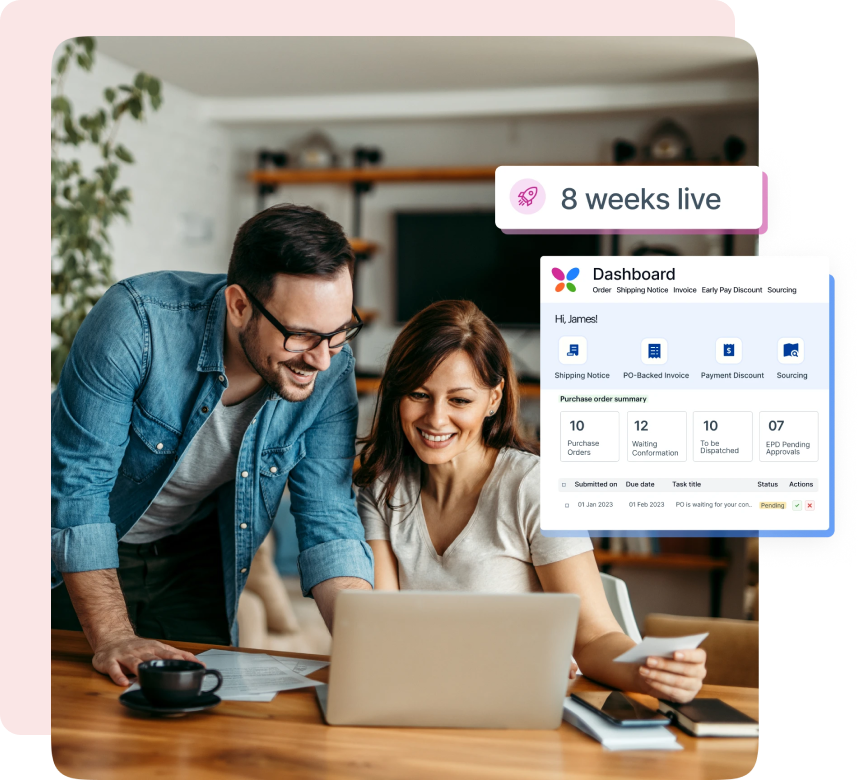 A man and a woman, both smiling, are reviewing a dashboard interface on a laptop. The dashboard highlights purchase order summaries. An overlay text reads "8 weeks live."