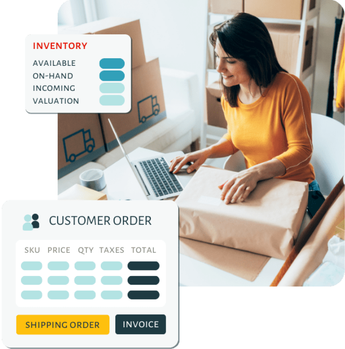 A woman sitting at a table with boxes and a laptop, reviewing inventory information that includes details about customer orders, prices, quantities, taxes, total costs, and shipping.