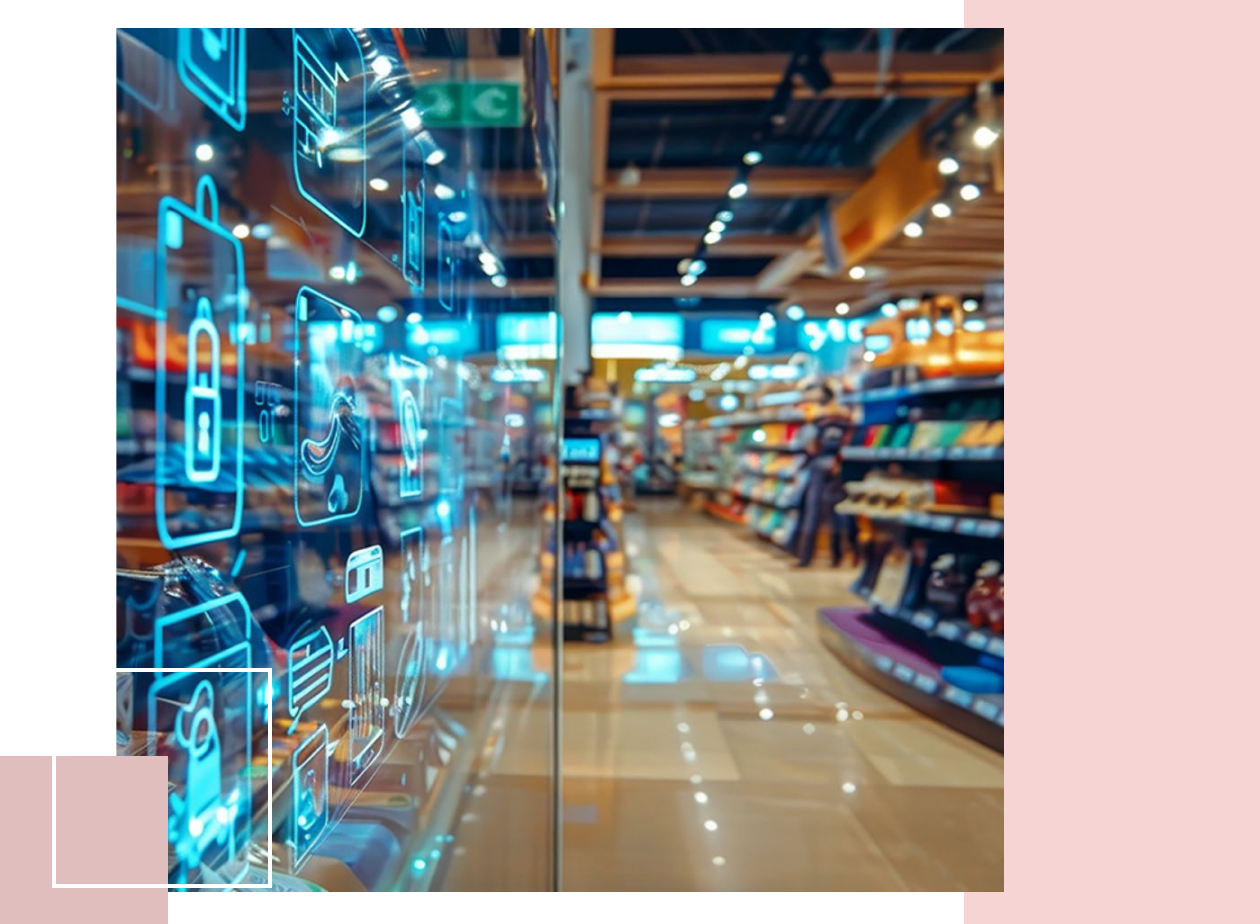Blurry image of a store interior with shelves, illuminated by indoor lights.