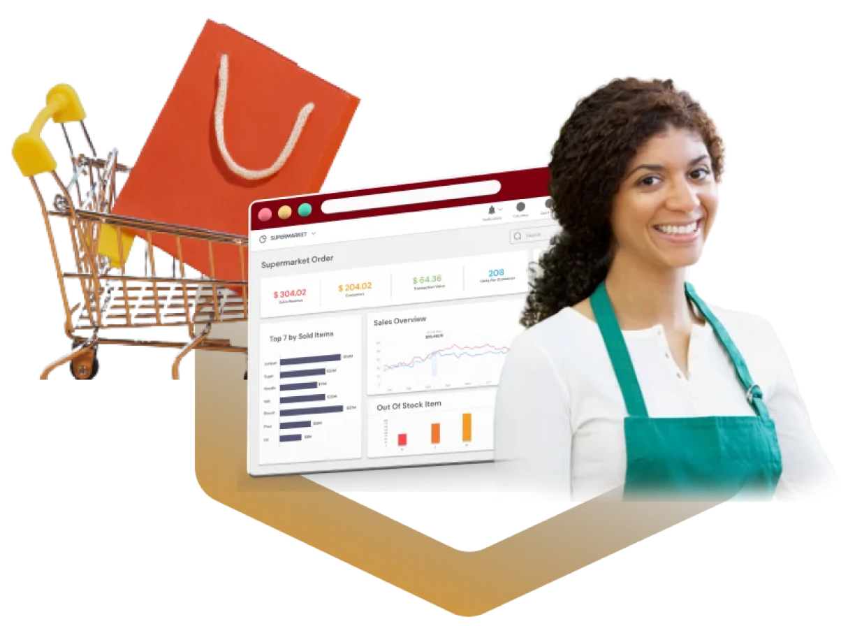 A woman in a green apron stands beside a shopping cart, a shopping bag, and a screen displaying sales and inventory data charts.