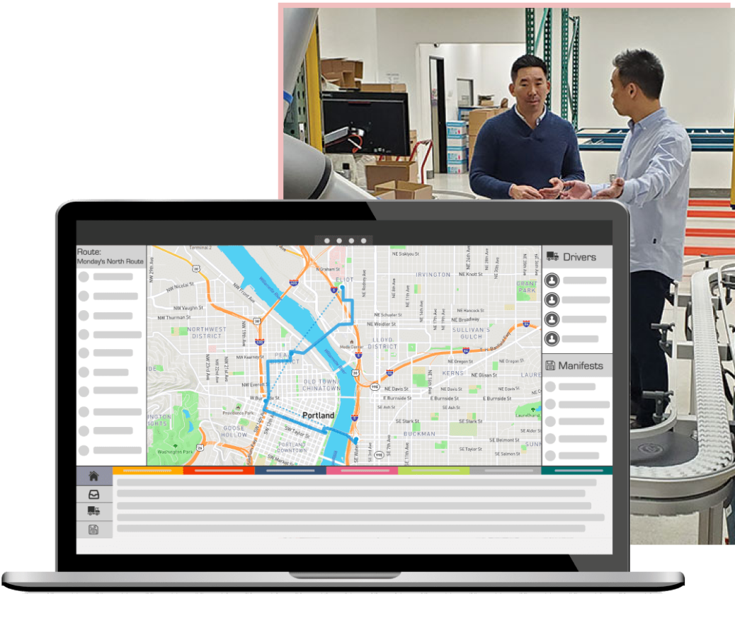 A laptop displaying a map with text content related to various locations, while a person is interacting with the device indoors.
