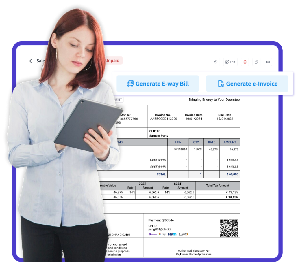 A woman holding a tablet with various text and graphics displayed on it, including details about an invoice and payment information. The woman is smiling and dressed casually.