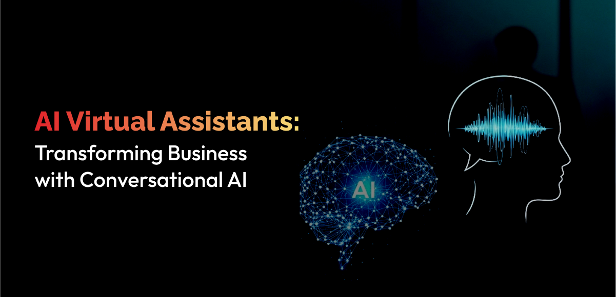 A detailed visual representation with a dark, gradient background. The left side of the image features a text overlay with a two-part title. The first part, in a red-orange font, reads "AI Virtual Assistants:" and the second part, in white font, states, "Transforming Business with Conversational AI." To the right, two graphics illustrate the concept. The first graphic is a glowing, blue, wireframe representation of a human brain with a central nucleus labeled "AI." The brain is connected by a network of glowing dots and lines, suggesting data and neural pathways. The second graphic, on the far right, is a white outline of a human head in profile with a chat bubble next to it. Inside the chat bubble is a stylized audio waveform, symbolizing speech or sound. The overall composition effectively visualizes the connection between AI, the human mind, and conversational technology.