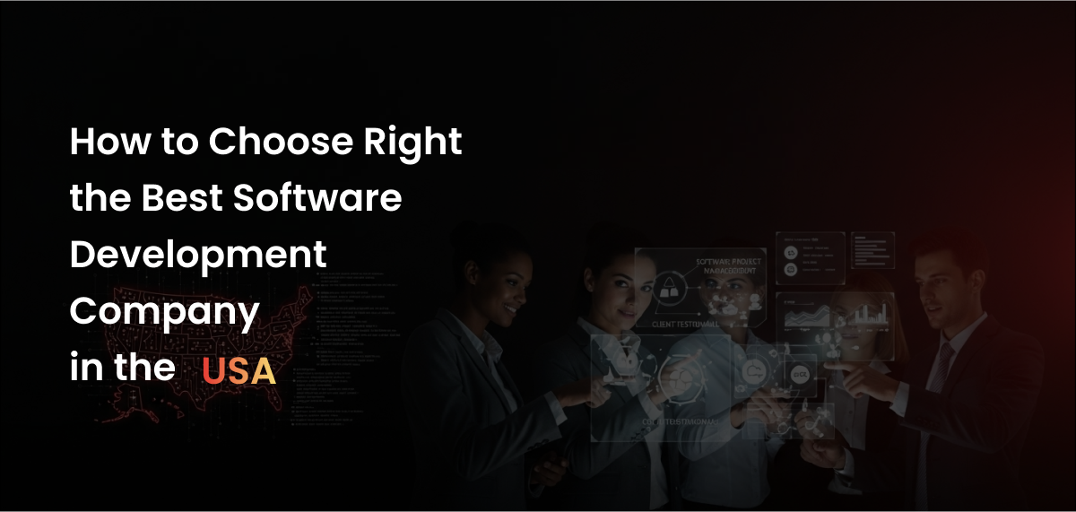 A detailed, professional image with a dark background and red accents shows a group of three business professionals—two women and one man—in formal attire. They are gathered around a holographic screen displaying various technical diagrams and flowcharts, suggesting software project management and client testimonials. The man is pointing to a section of the holographic display. The left side of the image has a text overlay in large white font: "How to Choose the Best Software Development Company in the USA." The word "Best" and "USA" are highlighted in a gradient of red to orange. A glowing red outline of the United States map is also visible on the left side of the image, reinforcing the geographical focus. The overall atmosphere is modern and technology-oriented.