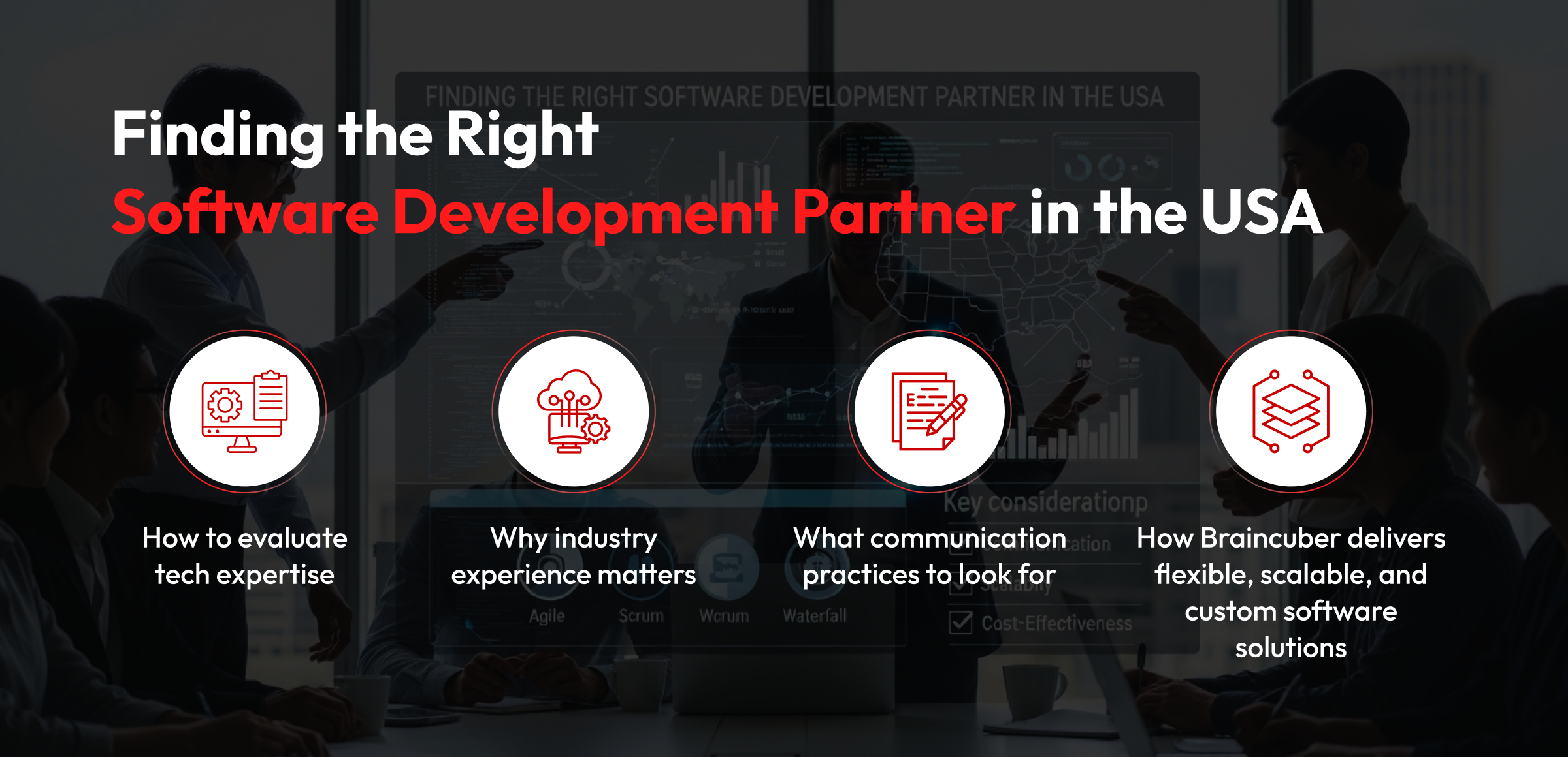A corporate-themed banner titled 'Finding the Right Software Development Partner in the USA,' with emphasis on 'Software Development Partner' in bold red font. The background shows a professional business meeting with silhouetted team members pointing at a transparent digital screen displaying charts, maps, and key considerations. Four circular icons with red line illustrations represent key topics: evaluating technical expertise, understanding industry experience, identifying effective communication practices, and how Braincuber provides flexible, scalable, and customized software solutions.