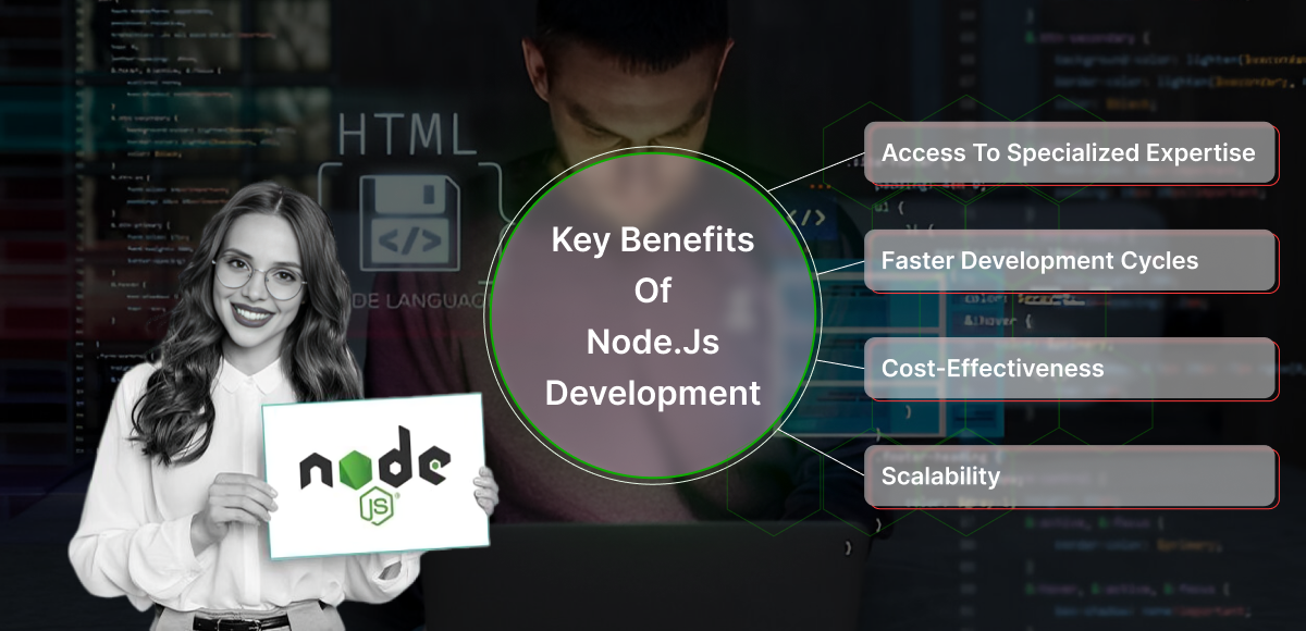 Benefits of Node.js development, outlined with a smiling woman holding a Node.js logo in the foreground and a programmer working at a computer in the background.