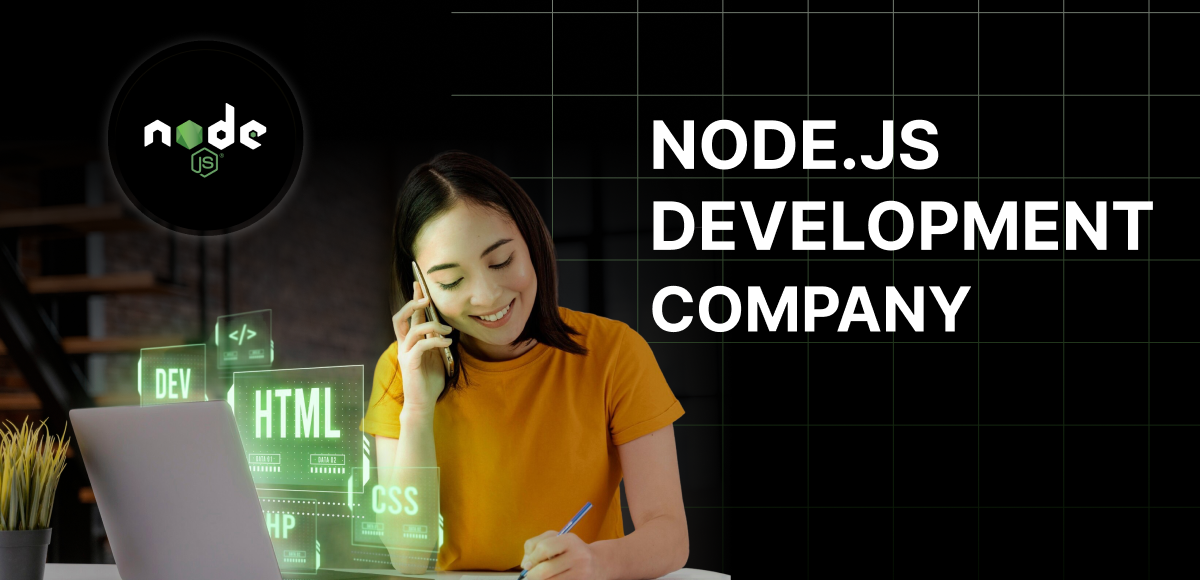Node.js Development Company marketing graphic featuring a smiling woman sitting at a desk taking notes while talking on a cell phone, with holographic images of code language names projected near her laptop.