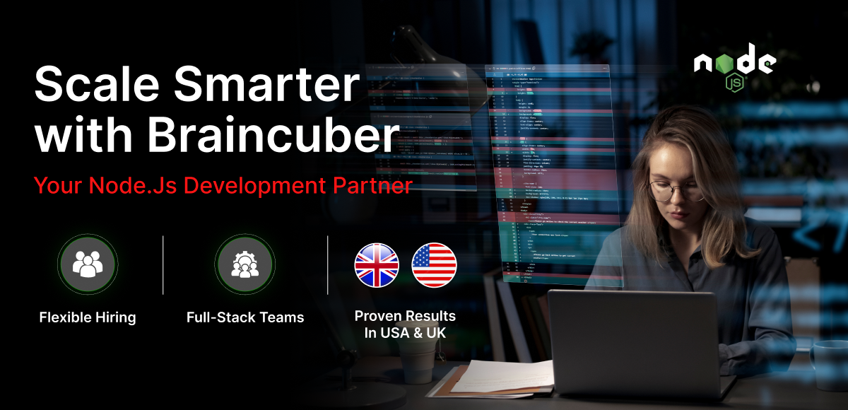 Advertisement for Braincuber Node.js development, showcasing flexible hiring, full-stack teams, and proven results in the USA and UK. A woman wearing glasses is coding on her laptop in the background.