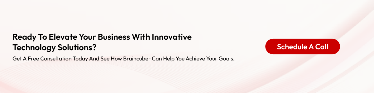 Promotional banner stating "Ready To Elevate Your Business With Innovative Technology Solutions? Get A Free Consultation Today And See How Braincuber Can Help You Achieve Your Goals." with a red button that says "Schedule A Call".
