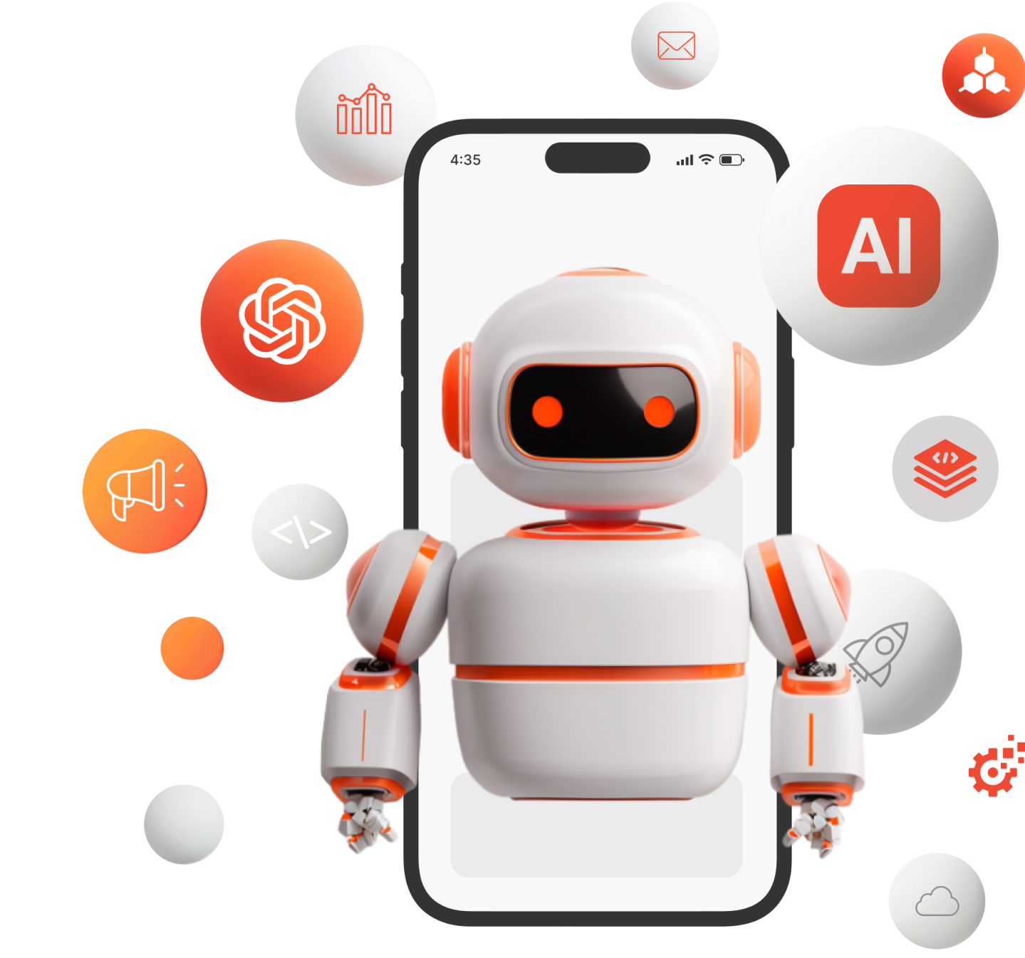 White robot in front of a phone with AI icon and data-related icons surrounding it.