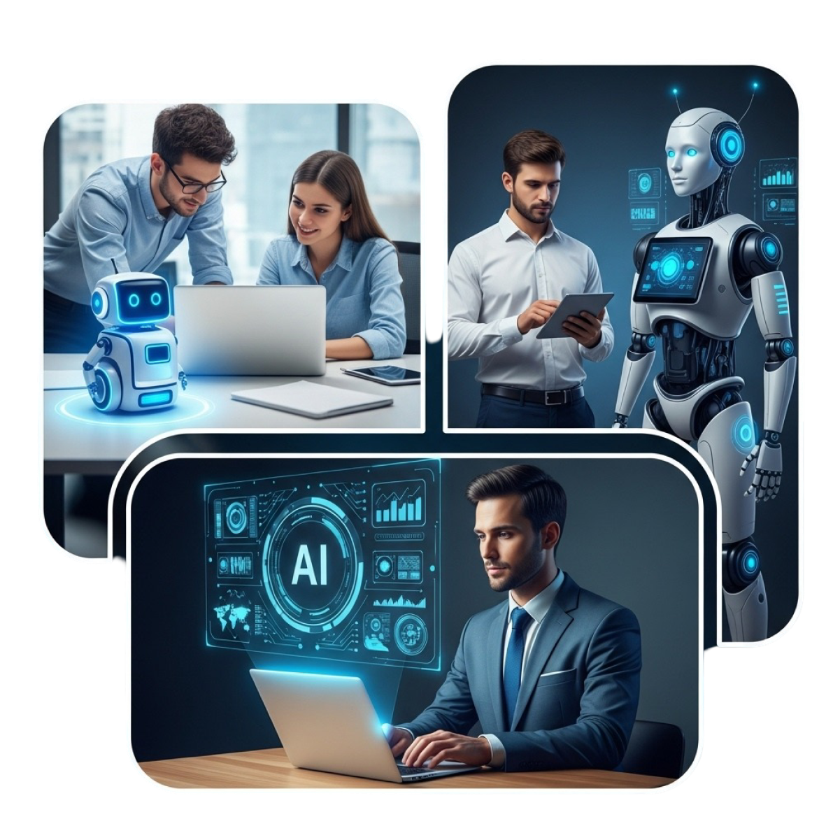 A formal, digital slide titled "AI Development Services" on a clean, light gray background with a faint grid pattern. The slide features three distinct images within rounded rectangular frames with thin, red borders. The top-left image shows two professionals, a man and a woman, working together on a laptop, with a small, stylized AI robot on the desk. The top-right image shows a man holding a tablet and standing next to a full-size humanoid AI robot. The bottom image shows a man in a suit working on a laptop, with a large, glowing, holographic digital interface displaying various data visualizations and the letters "AI" in the center. The composite image visually represents the diverse applications and professional services of AI development.